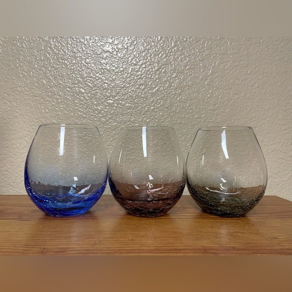 3 Pier 1 Blue Plum & Avocado colors of Crackle Glass Stemless Wine Glasses 16oz. - Picture 3 of 9
